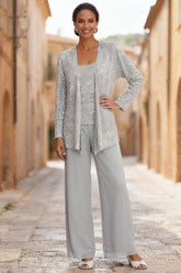 Dreamyannie Silver Sequins Scoop Neck 3 Piece Mother Of The Bride Pant Suits With Jacket