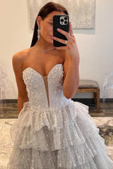 Dreamyannie Silver Sparkling A-Line Sweetheart Ruffle Layer Prom Ball Gown Formal Evening Gown