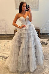 Dreamyannie Silver Sparkling A-Line Sweetheart Ruffle Layer Prom Ball Gown Formal Evening Gown