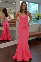 Dreamyannie Simple Mermaid Spaghetti Straps Candy Pink Long Prom Dress With Train Formal Evening Gown
