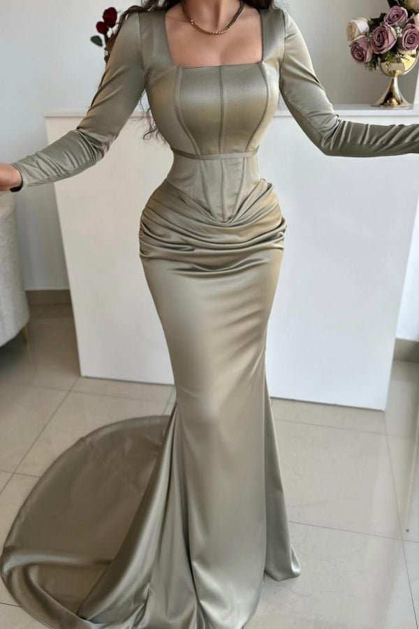 Dreamyannie Simple Mermaid Square Neck Satin Evening Dress With Sleeves