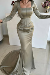 Dreamyannie Simple Mermaid Square Neck Satin Evening Dress With Sleeves