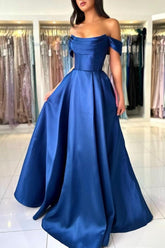 Dreamyannie Simple Royal Blue Prom Dress Off The Shoulder A Line Sleeveless Satin Formal Dress