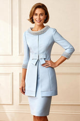 Dreamyannie Sky Blue Beaded Bodycon 2 Piece Knee Length Mother Of The Bride Dress With Jacket