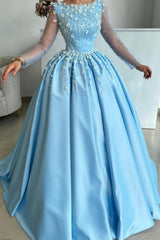 Dreamyannie Sky Blue Prom Dress A Line Satin Rhinestones Evening Dress With Sleeves