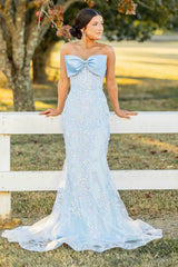Dreamyannie Sky Blue Prom Dress Floral Mermaid Strapless Long Evening Dress With Bow