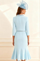 Dreamyannie Sky Blue Sequin Bodycon 2 Piece Knee Length Mother Of The Bride Dress With Jacket