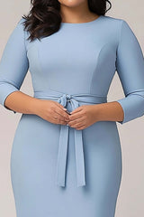 Dreamyannie Sky Blue Wedding Guest Dress Plus Size Crepe Formal Dress With 3/4 Sleeves