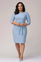 Dreamyannie Sky Blue Wedding Guest Dress Plus Size Crepe Formal Dress With 3/4 Sleeves