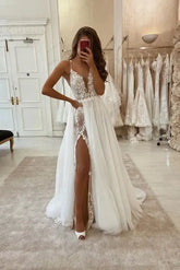Dreamyannie Spaghetti Straps Beach Wedding Dress A Line Tulle Bridal Dress with Lace Appliques