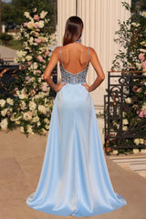 Dreamyannie Spaghetti Straps Beaded Prom Dress Mermaid Formal Dress with Panel Train