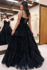 Dreamyannie Spaghetti Straps Black Prom Dress Ruffled Long Evening Dress