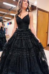 Dreamyannie Spaghetti Straps Black Prom Dress Ruffled Long Evening Dress