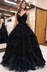 Dreamyannie Spaghetti Straps Black Prom Dress Ruffled Long Evening Dress