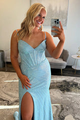 Dreamyannie Spaghetti Straps Corset Light Blue Prom Dress Formal Dress With Slit