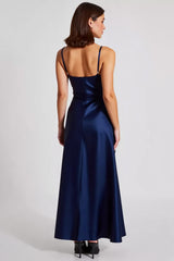 Dreamyannie Spaghetti Straps Navy Wedding Guest Dress Satin Sheath Long Formal Dress
