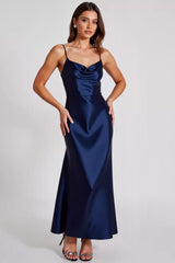 Dreamyannie Spaghetti Straps Navy Wedding Guest Dress Satin Sheath Long Formal Dress