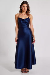 Dreamyannie Spaghetti Straps Navy Wedding Guest Dress Satin Sheath Long Formal Dress
