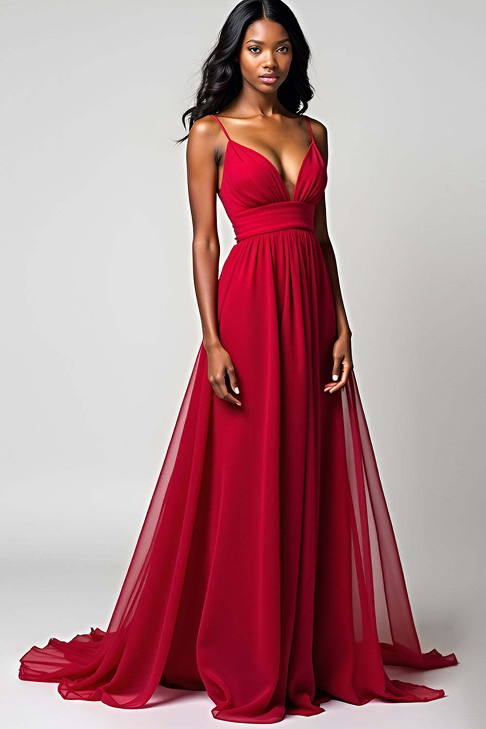 Dreamyannie Spaghetti Straps Ruched Backless Red Wedding Guest Dress Long Formal Dress