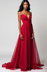 Dreamyannie Spaghetti Straps Ruched Backless Red Wedding Guest Dress Long Formal Dress