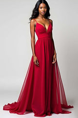 Dreamyannie Spaghetti Straps Ruched Backless Red Wedding Guest Dress Long Formal Dress