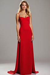 Dreamyannie Spaghetti Straps Sheath Red Wedding Guest Dress Satin Long Formal Dress