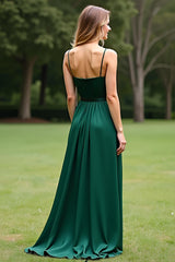 Dreamyannie Spaghetti Straps Square Neck Dark Green Wedding Guest Dress Long Formal Dress