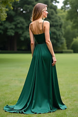 Dreamyannie Spaghetti Straps Square Neck Dark Green Wedding Guest Dress Long Formal Dress