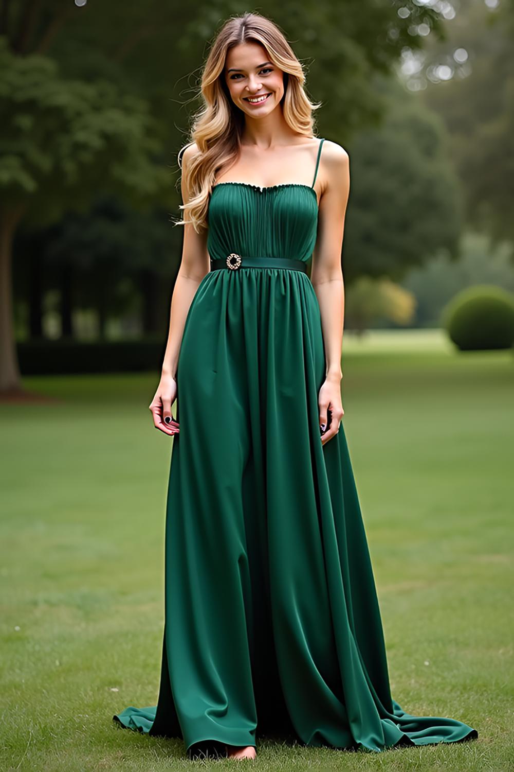 Dreamyannie Spaghetti Straps Square Neck Dark Green Wedding Guest Dress Long Formal Dress