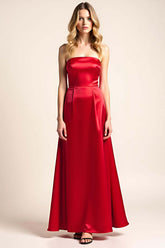 Dreamyannie Square Neck Red Wedding Guest Dress Satin Backless Long Formal Dress