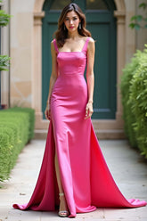 Dreamyannie Square Neck Satin A Line Fuchsia Wedding Guest Dress Long Prom Dress