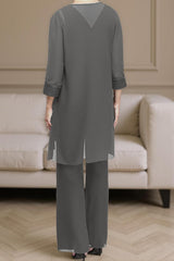 Dreamyannie Steel Grey Chiffon Boat Neck 3 Piece Mother Of The Bride Pant Suits With Jacket