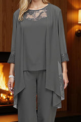 Dreamyannie Steel Grey Chiffon Boat Neck 3 Piece Mother Of The Bride Pant Suits With Jacket