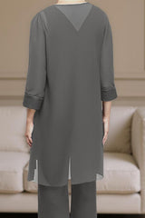 Dreamyannie Steel Grey Chiffon Boat Neck 3 Piece Mother Of The Bride Pant Suits With Jacket