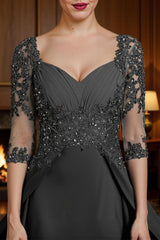 Dreamyannie Steel Grey Chiffon Sheath Floor Length Mother Of The Bride Dress With Cape