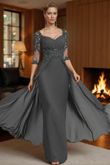 Dreamyannie Steel Grey Chiffon Sheath Floor Length Mother Of The Bride Dress With Cape