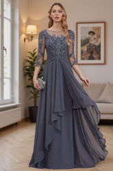Dreamyannie Steel Grey Ruffled A Line Floor Length Mother Of The Bride Dress With Lace