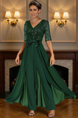 Dreamyannie Steel Grey Sequins Floor Length Mother Of The Bride Jumpsuits With Cape