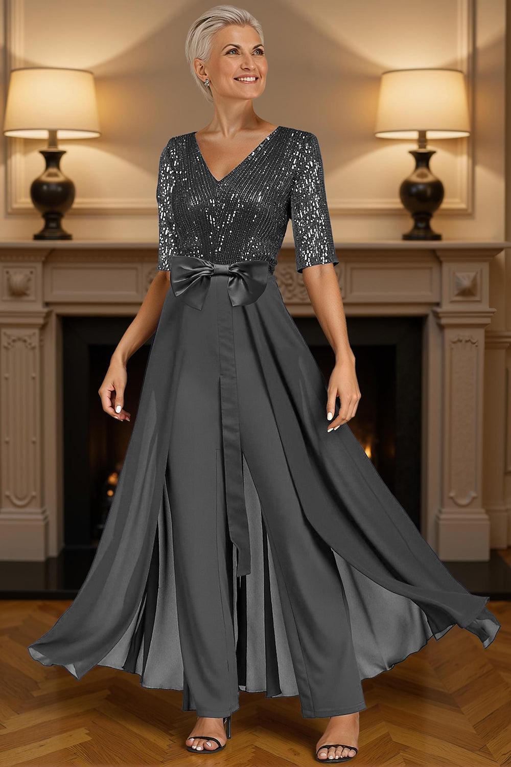 Dreamyannie Steel Grey Sequins Floor Length Mother Of The Bride Jumpsuits With Cape