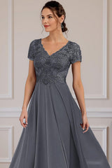 Dreamyannie Steel Grey V Neck A Line Ankle Length Mother Of The Bride Dress With Lace