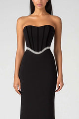 Dreamyannie Strapless Black Wedding Guest Dress Corset Sheath Long Formal Dress