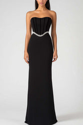 Dreamyannie Strapless Black Wedding Guest Dress Corset Sheath Long Formal Dress