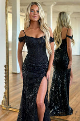 Dreamyannie Stunning Sequin Black Off-Shoulder Prom Dress With High-Slit For A Bold Look Formal Evening Gown