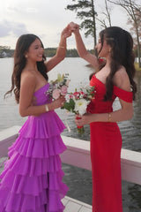 Dreamyannie Stylish A Line Strapless Purple Long Prom Dress With Ruffles Split Front Formal Evening Gown