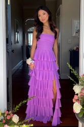 Dreamyannie Stylish A Line Strapless Purple Long Prom Dress With Ruffles Split Front Formal Evening Gown