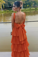 Dreamyannie Sunset Orange Backless Tiered Ruffle Prom Dress With Oversized Bow Formal Evening Gown