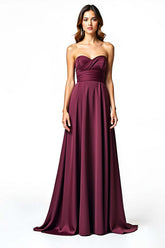 Dreamyannie Sweetheart A Line Burgundy Wedding Guest Dress Long Ruched Formal Dress