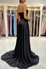 Dreamyannie Sweetheart Black Prom Dress Satin Ruched Long Formal Dress With Slit