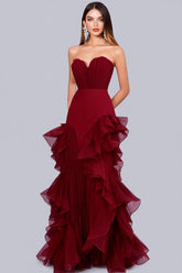 Dreamyannie Sweetheart Burgundy Wedding Guest Dress Ruffled Sheath Formal Dress With Ruffles