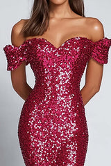 Dreamyannie Sweetheart Fuchsia Wedding Guest Dress Sequins Long Formal Dress